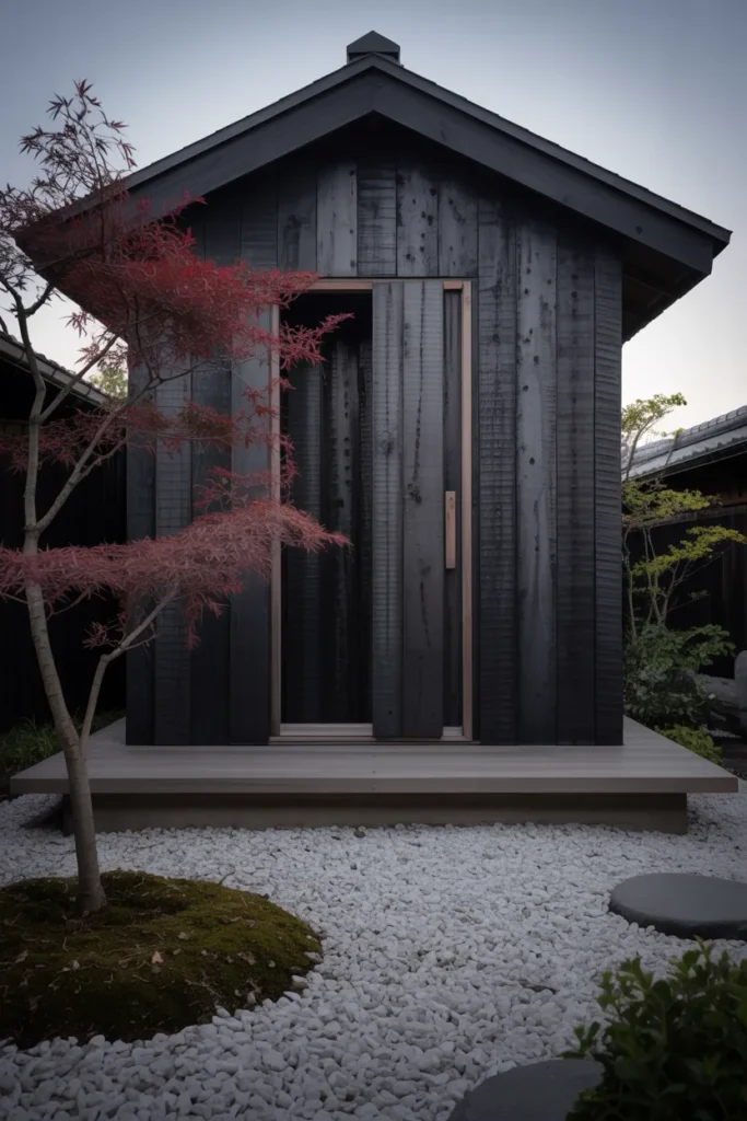 Japanese-Inspired Shou Sugi Ban Shed With Gravel Surround