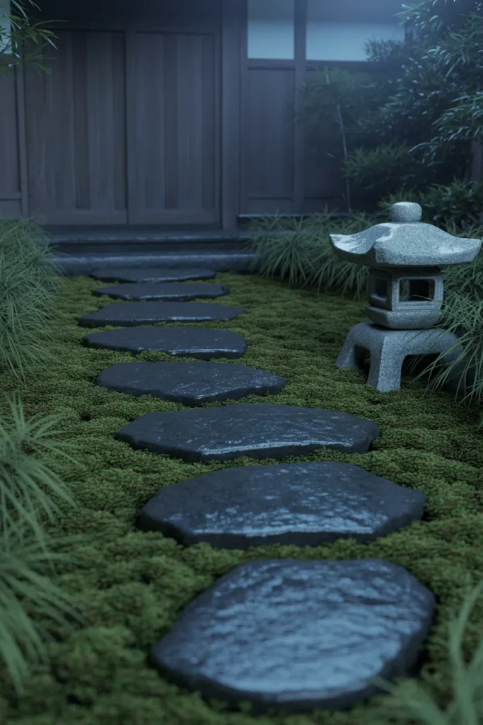 Japanese-Inspired Zen Entry Garden With Lantern and Stepping Stones