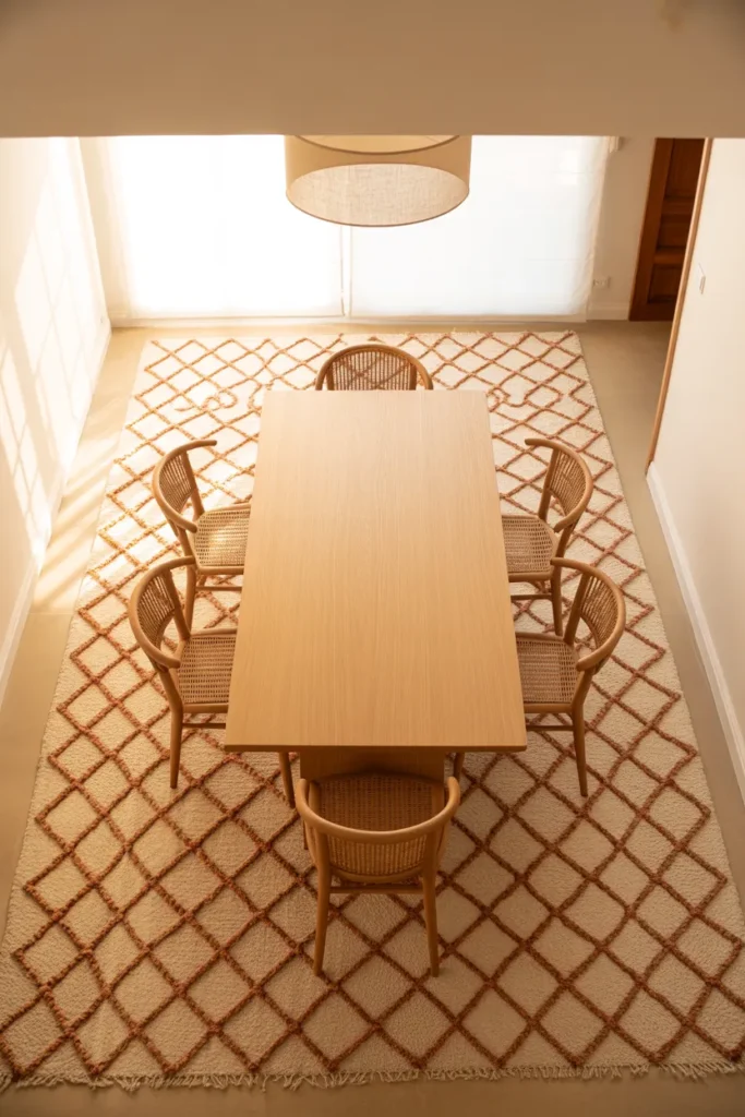 Larger Zone by Extending the Dining Rug Beyond the Table Edge