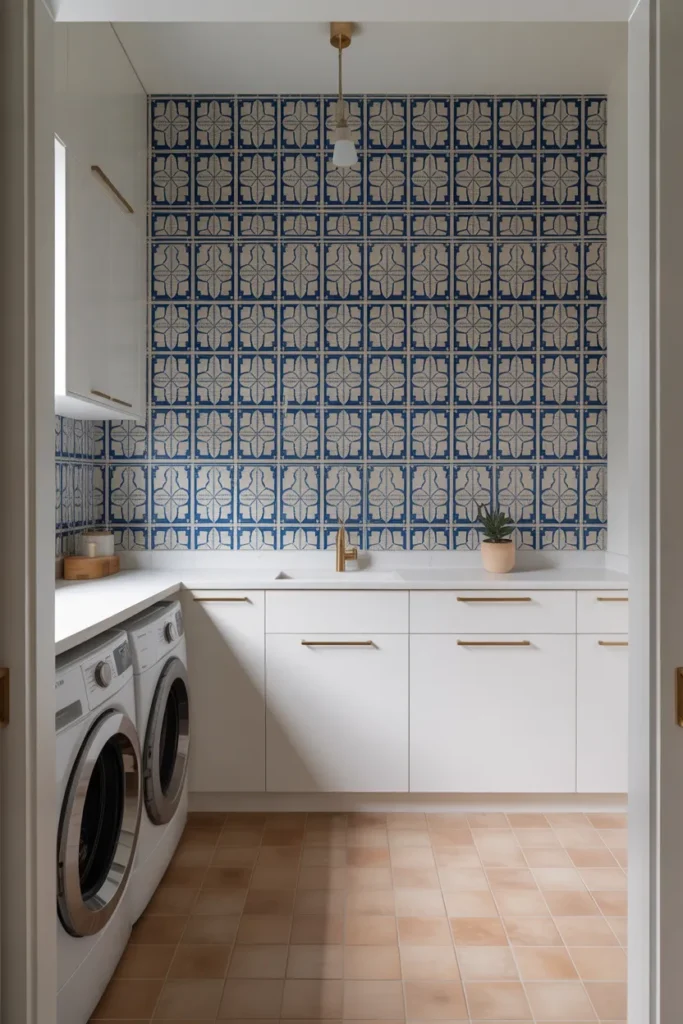 Laundry Room With Full Tile Wall Mural and Minimalist Cabinetry for a Statement Utility Room