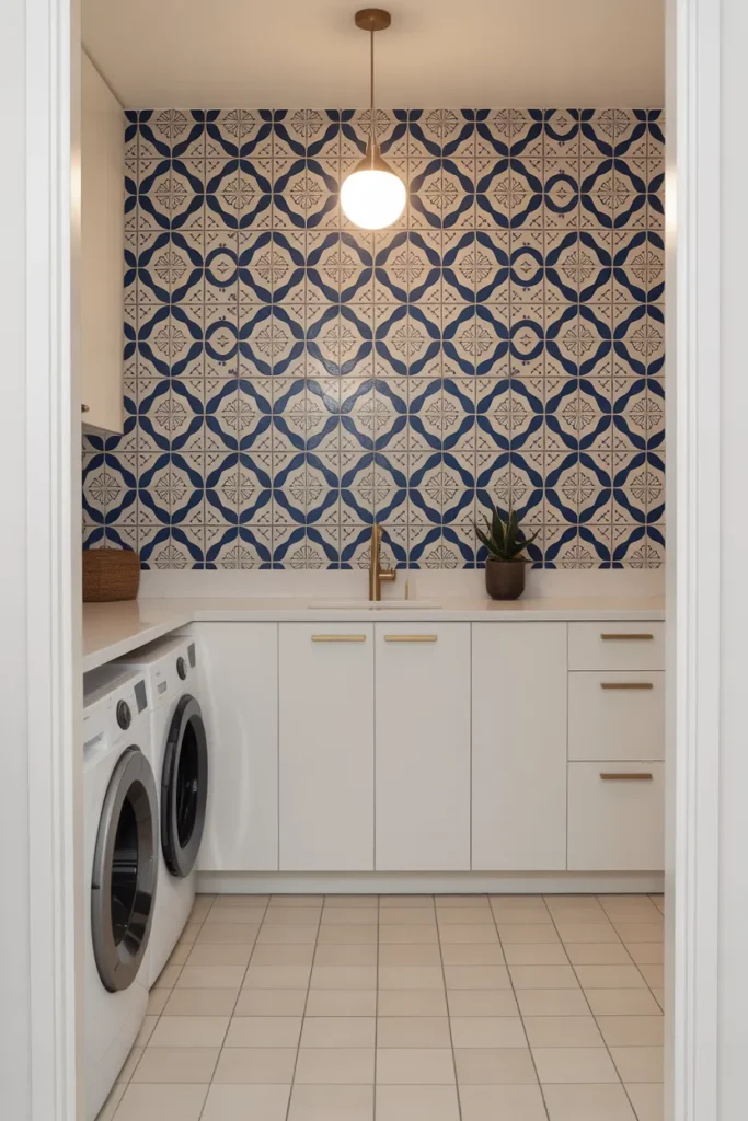 Laundry Room With Full Tile Wall Mural and Minimalist Cabinetry for a Statement Utility Room