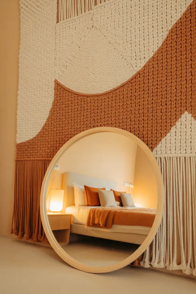 Layered Mirror and Textile Wall Combining a Mirror With Woven Hanging for Depth