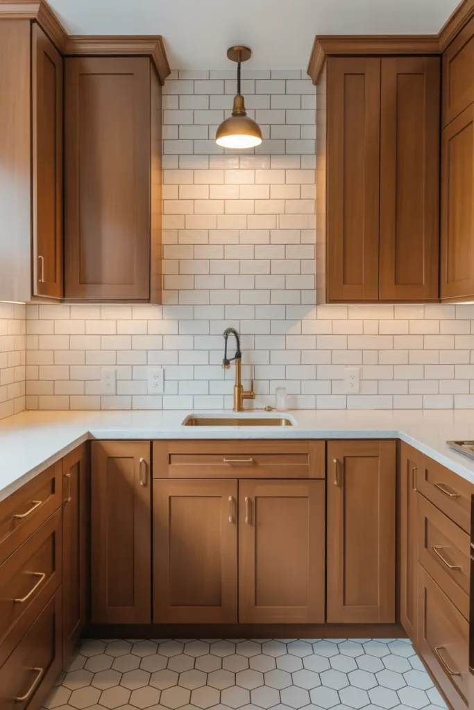 Light Caramel Brown Two-Tone Cabinets in a Compact L-Shape Kitchen