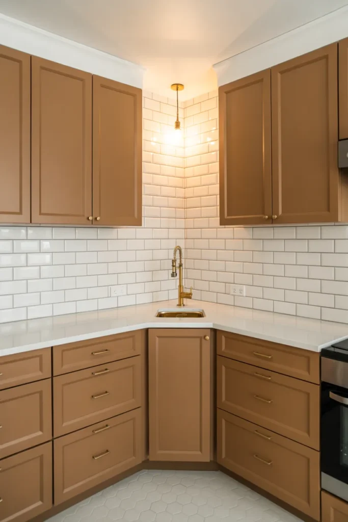 Light Caramel Brown Two-Tone Cabinets in a Compact L-Shape Kitchen