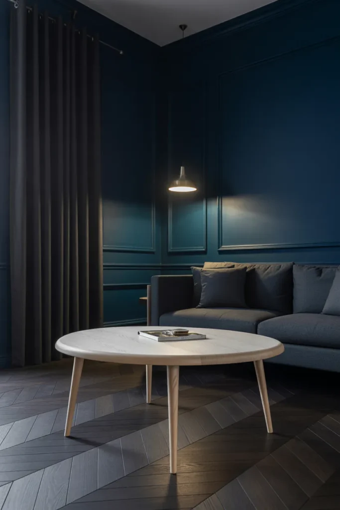 Light Wood Round Coffee Table to Keep a Dark Living Room from Feeling Heavy