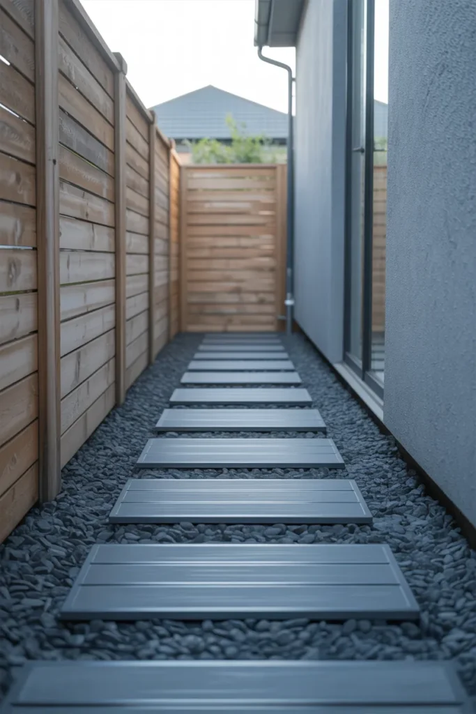 Long Narrow Side Yard Path With Horizontal Wood Decking Sections