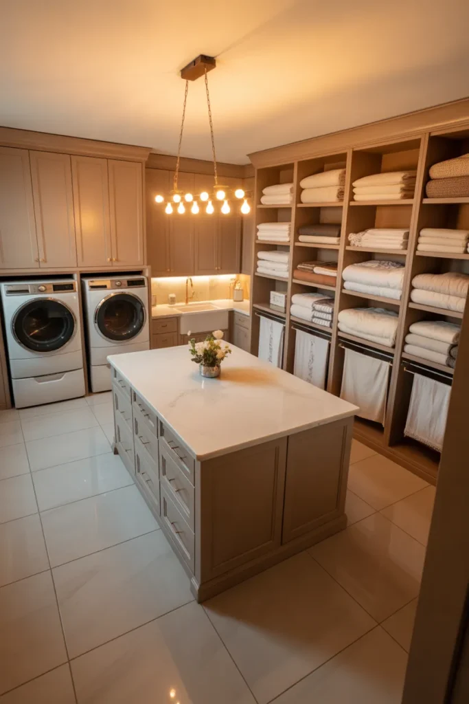 Luxury Laundry Room With Quartz Island, Custom Lighting, and Linen Storage Wall for High-End Homes