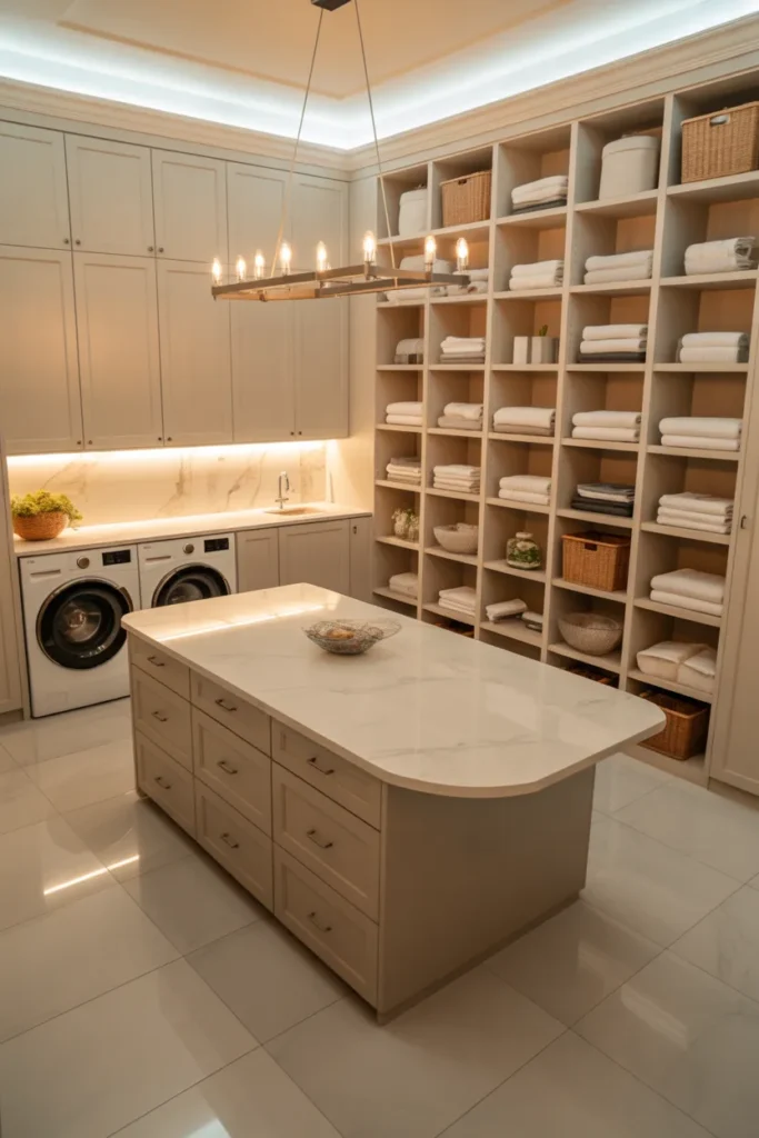 Luxury Laundry Room With Quartz Island, Custom Lighting, and Linen Storage Wall for High-End Homes