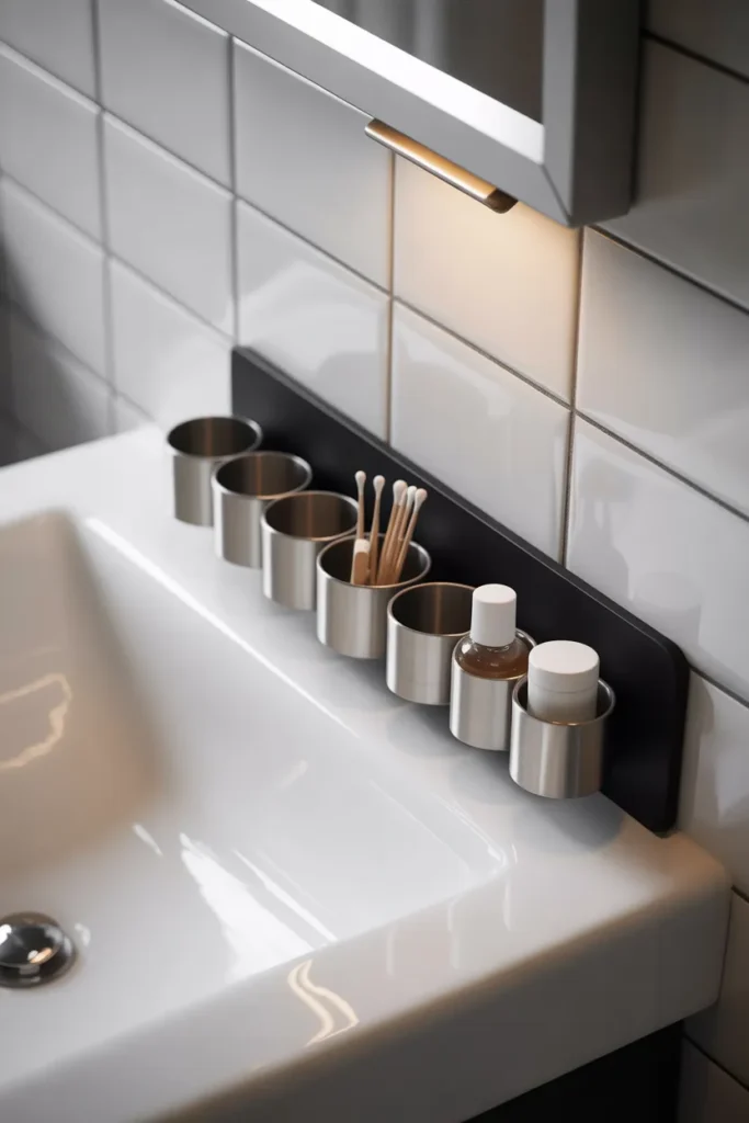 Magnetic Spice Rack Repurposed as Bathroom Shelf Small-Scale Storage for Vanity Countertops