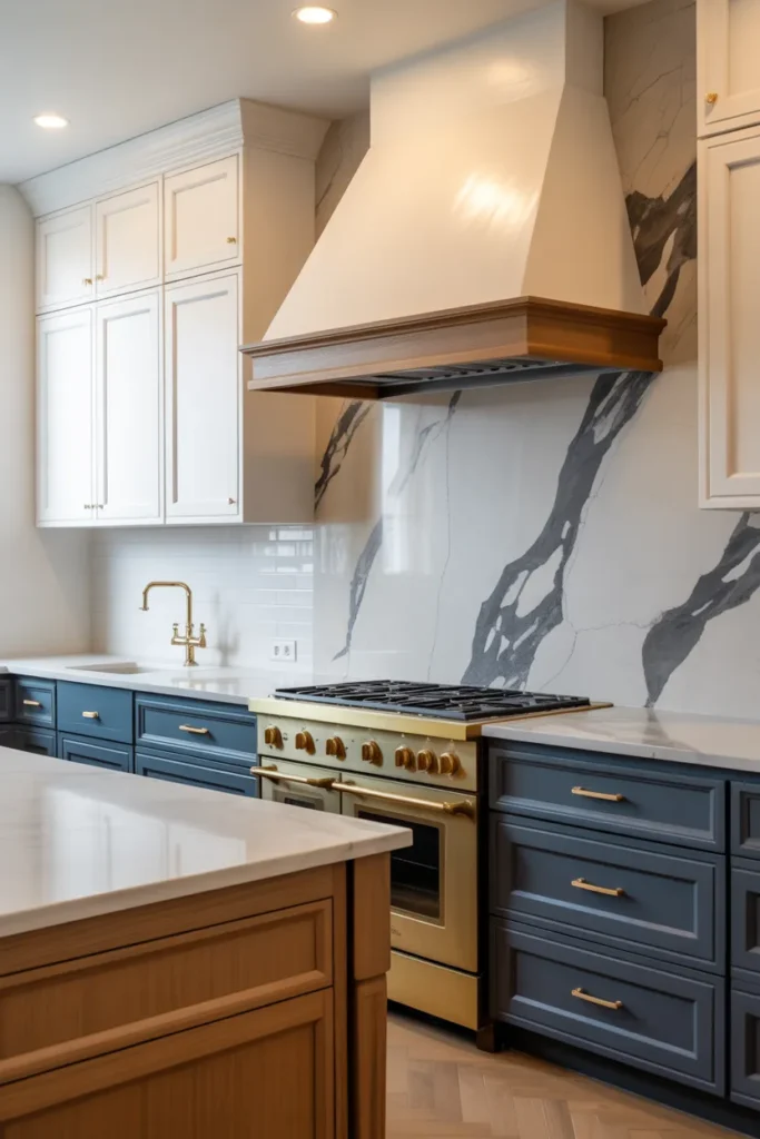 Marble Slab Feature Wall Behind the Range in a Transitional Kitchen With Two-Tone Cabinets