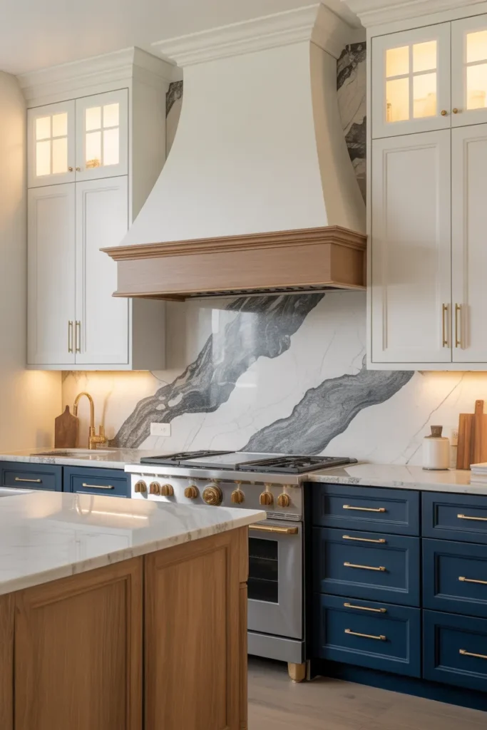 Marble Slab Feature Wall Behind the Range in a Transitional Kitchen With Two-Tone Cabinets