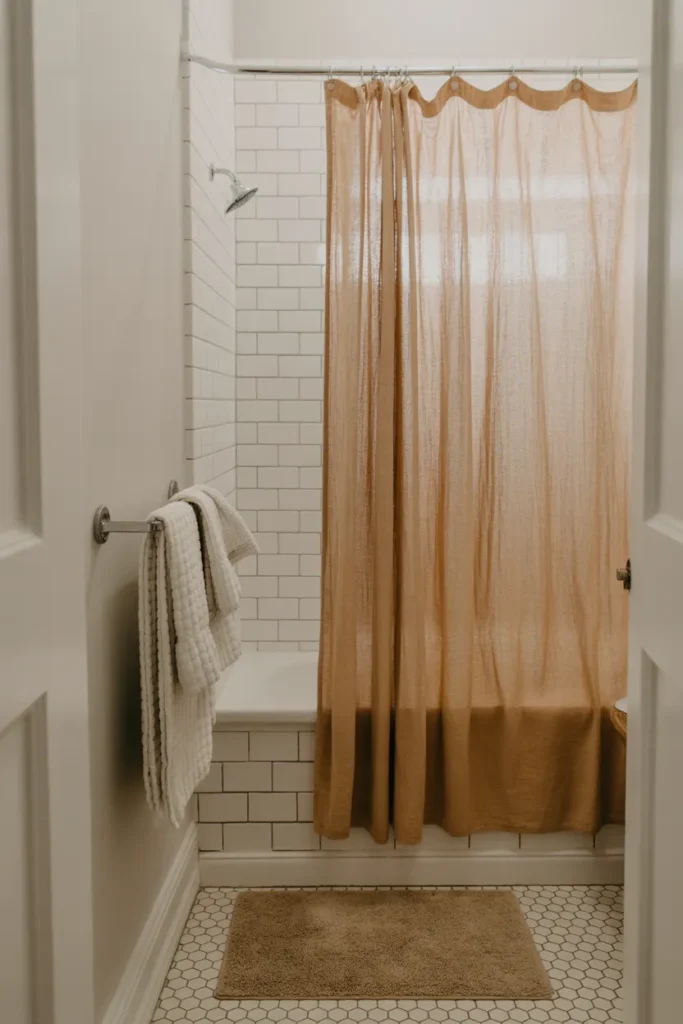 Matching Textiles and Towels That Unify a Visually Disjointed Bathroom