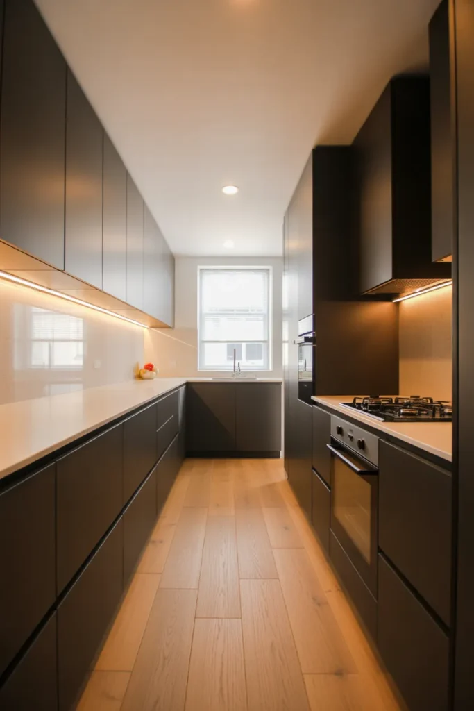 Matte Black Flat-Front Cabinets in a Single-Wall Galley Layout