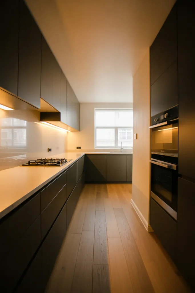 Matte Black Flat-Front Cabinets in a Single-Wall Galley Layout