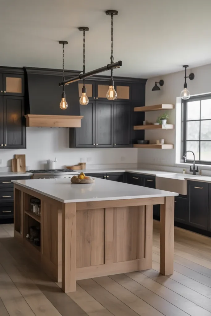 Matte Black and Raw Oak Two-Material Kitchen in a Modern Farmhouse Layout