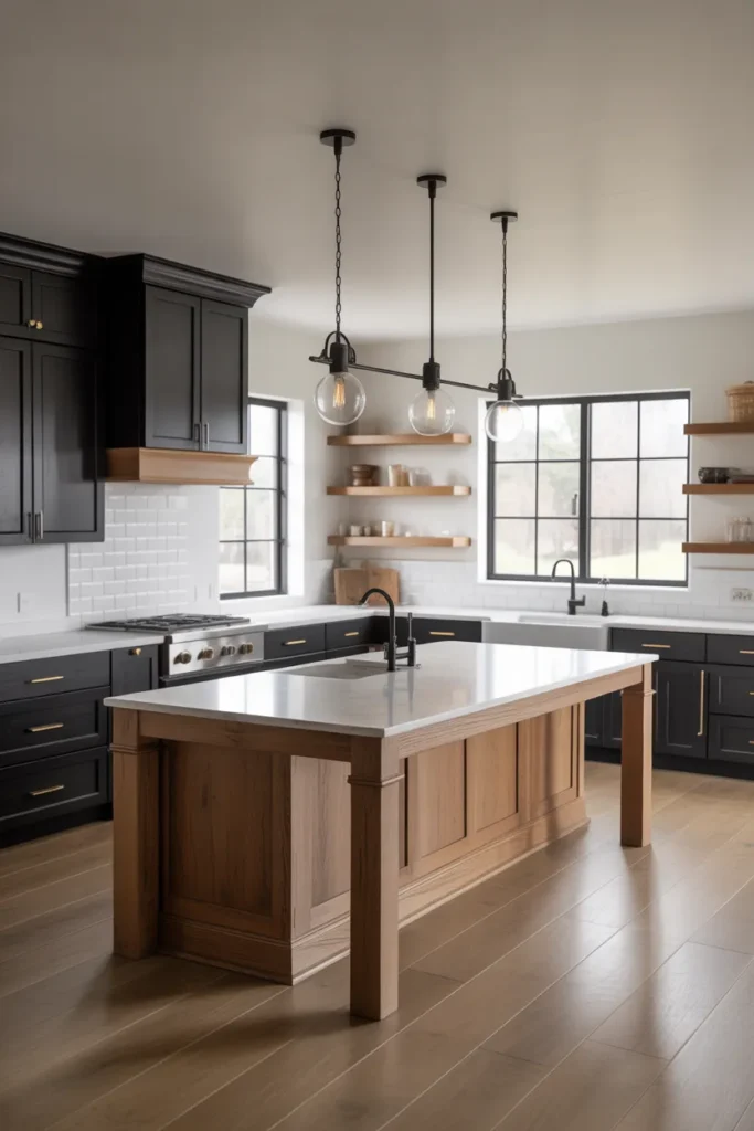 Matte Black and Raw Oak Two-Material Kitchen in a Modern Farmhouse Layout