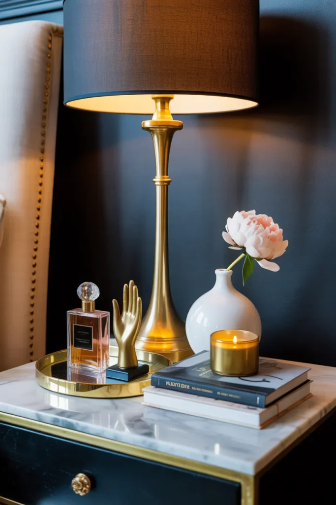 Maximalist Bedside Arrangement with Stacked Trays, Tall Lamps, and Layered Objects