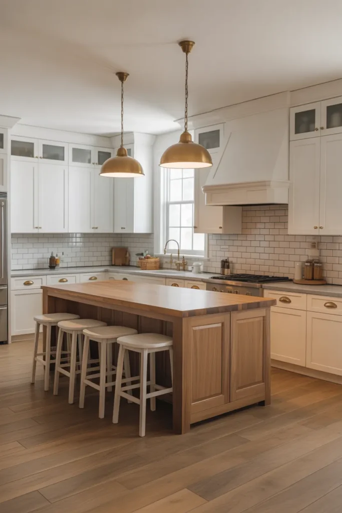 Mid-Brown Stained Oak Island With White Perimeter Cabinets