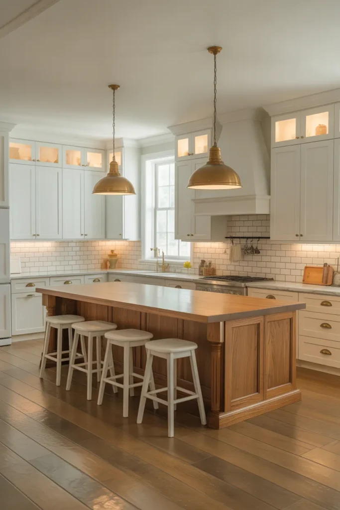 Mid-Brown Stained Oak Island With White Perimeter Cabinets