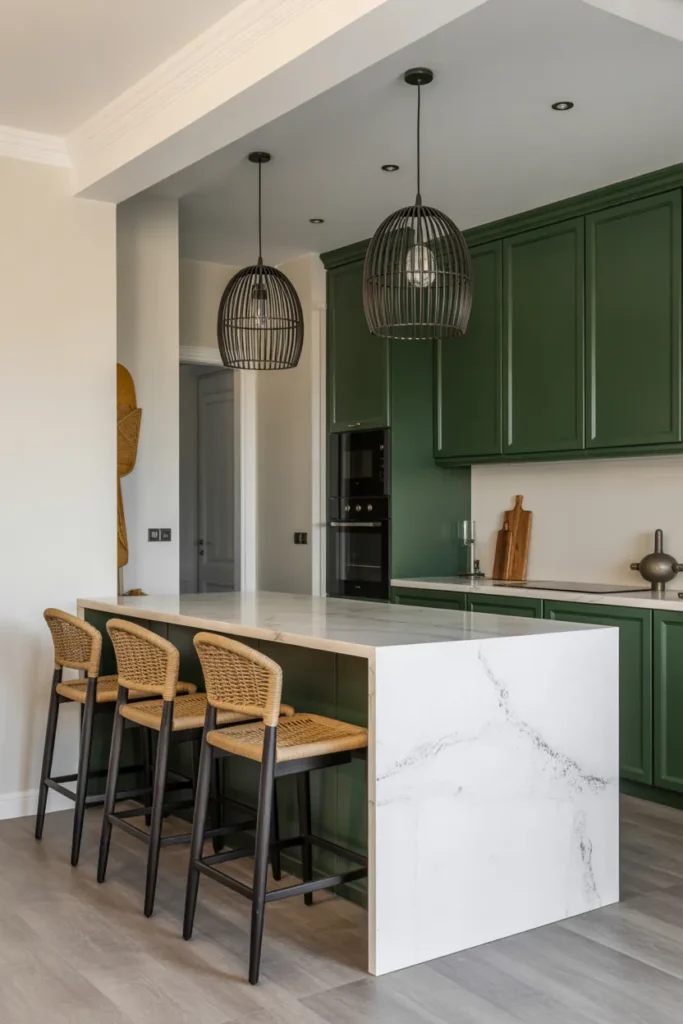 Midnight Green Lacquered Cabinets in a Peninsula Kitchen With Pendant Lighting