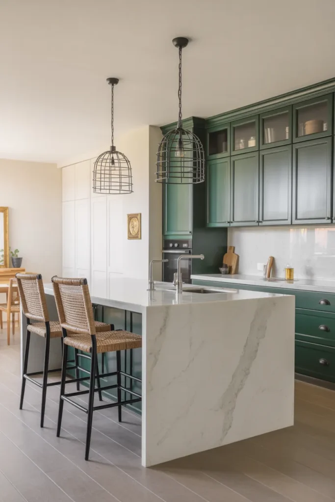 Midnight Green Lacquered Cabinets in a Peninsula Kitchen With Pendant Lighting
