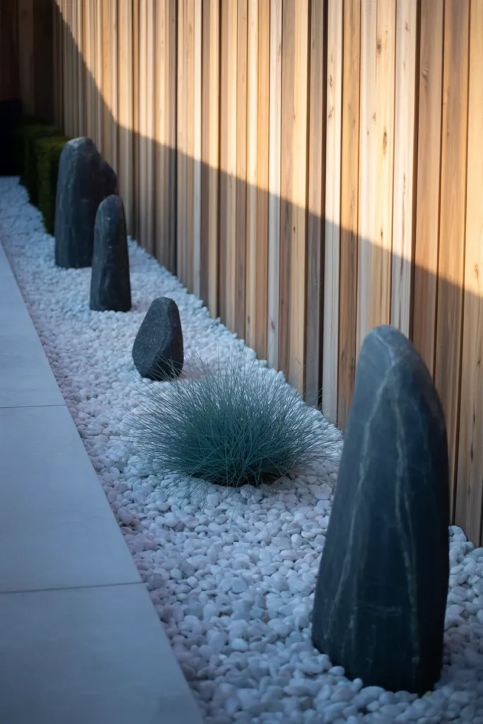 Minimalist Zen Garden Strip Along a Fence Line