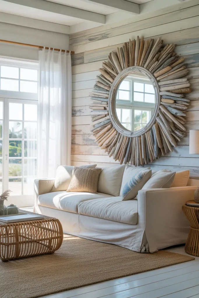 Mirror With Driftwood or Reclaimed Wood Frame in a Coastal Boho Living Room