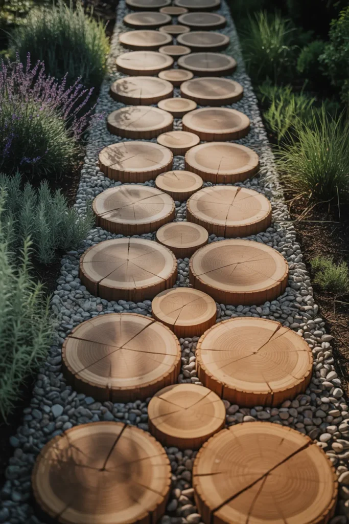 Mixed Material Path Using Wood Rounds and Pea Gravel