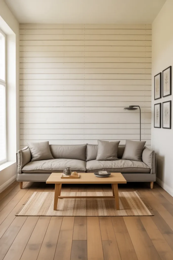 Modern Farmhouse Living Room With Shiplap Accent Wall and Minimalist Furniture