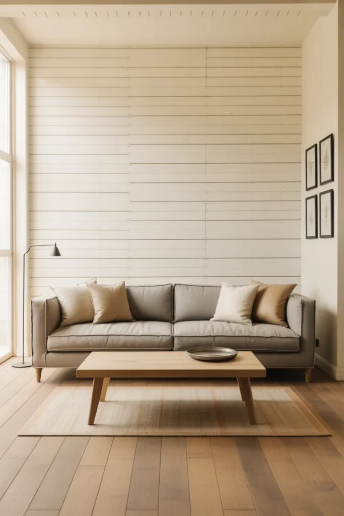 Modern Farmhouse Living Room With Shiplap Accent Wall and Minimalist Furniture