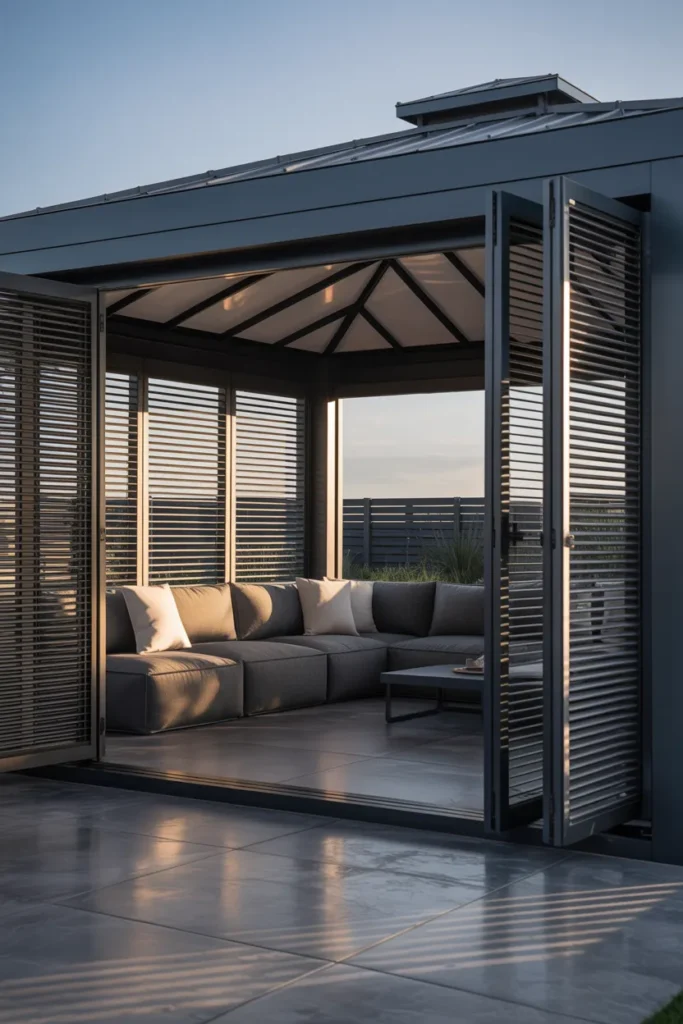 Modern Flat-Roof Gazebo With Louvered Side Panels for Adjustable Privacy
