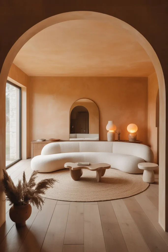 Modern Organic Farmhouse Living Room With Curved Furniture and Natural Clay Tones