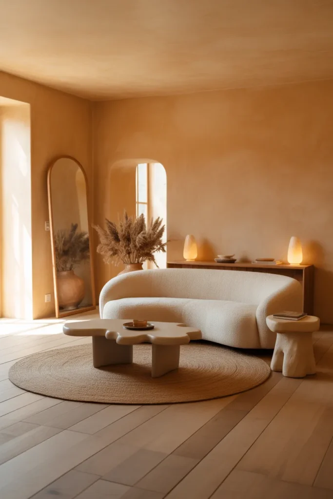 Modern Organic Farmhouse Living Room With Curved Furniture and Natural Clay Tones