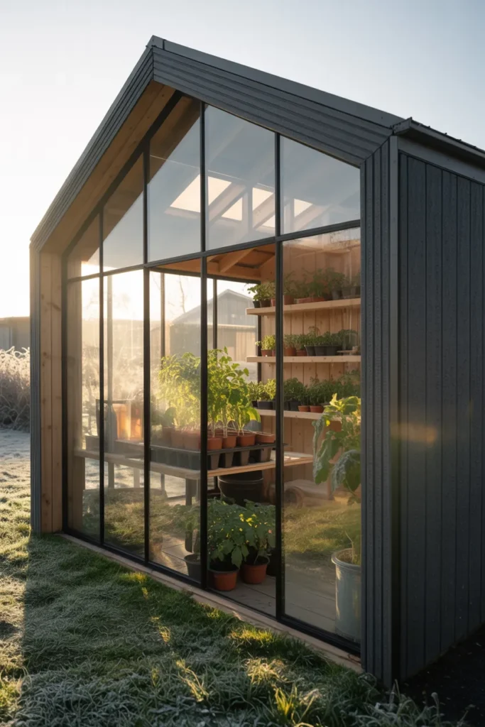 Mono-Pitch Roof Shed With Floor-to-Ceiling Glazing on the South Face