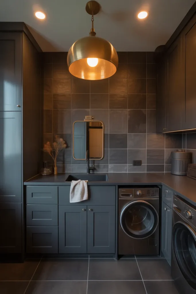 Moody Black Laundry Room With Matte Tile and Warm Lighting for a Spa-Like Utility Experience