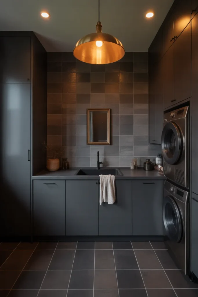 Moody Black Laundry Room With Matte Tile and Warm Lighting for a Spa-Like Utility Experience