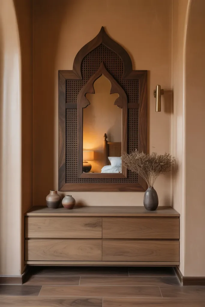 Moroccan-Style Carved Wood Mirror as a Bedroom Focal Point Above the Dresser