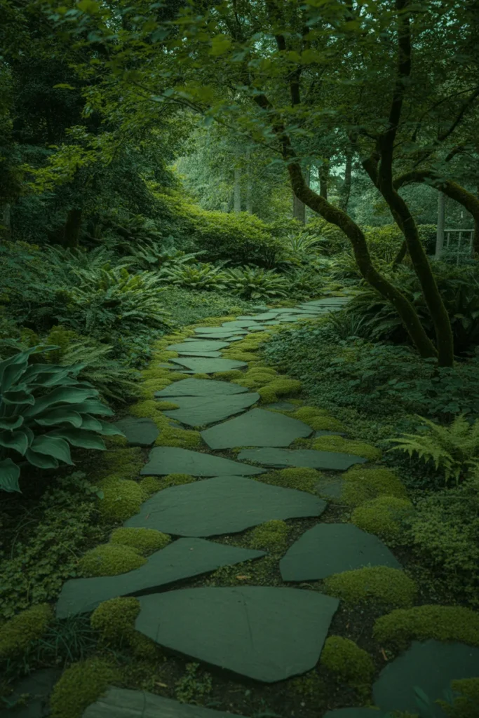 Moss-Covered Stone Slab Path Through a Shaded Woodland Garden