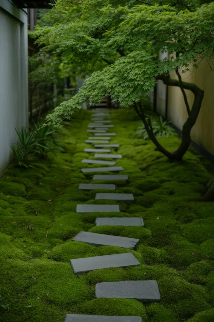 Moss and Stone Pathway Through a Narrow Side Yard