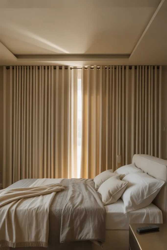 Motorized Blackout Curtains in a Primary Bedroom