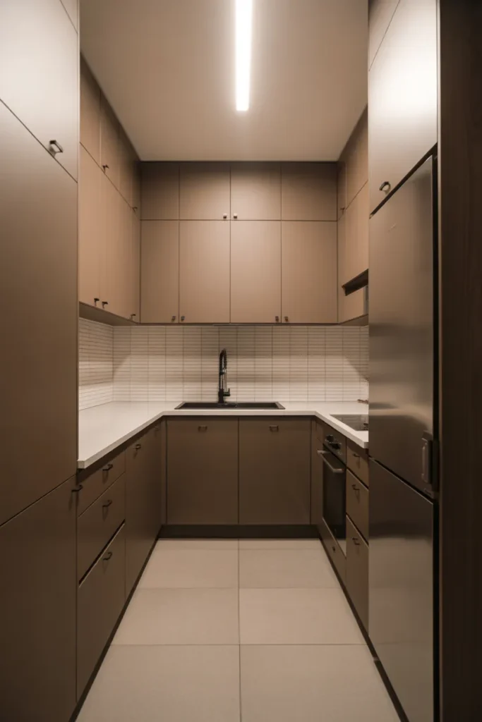 Muted Taupe-Brown Cabinets in a Sleek Apartment Galley Kitchen