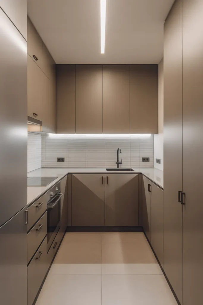 Muted Taupe-Brown Cabinets in a Sleek Apartment Galley Kitchen