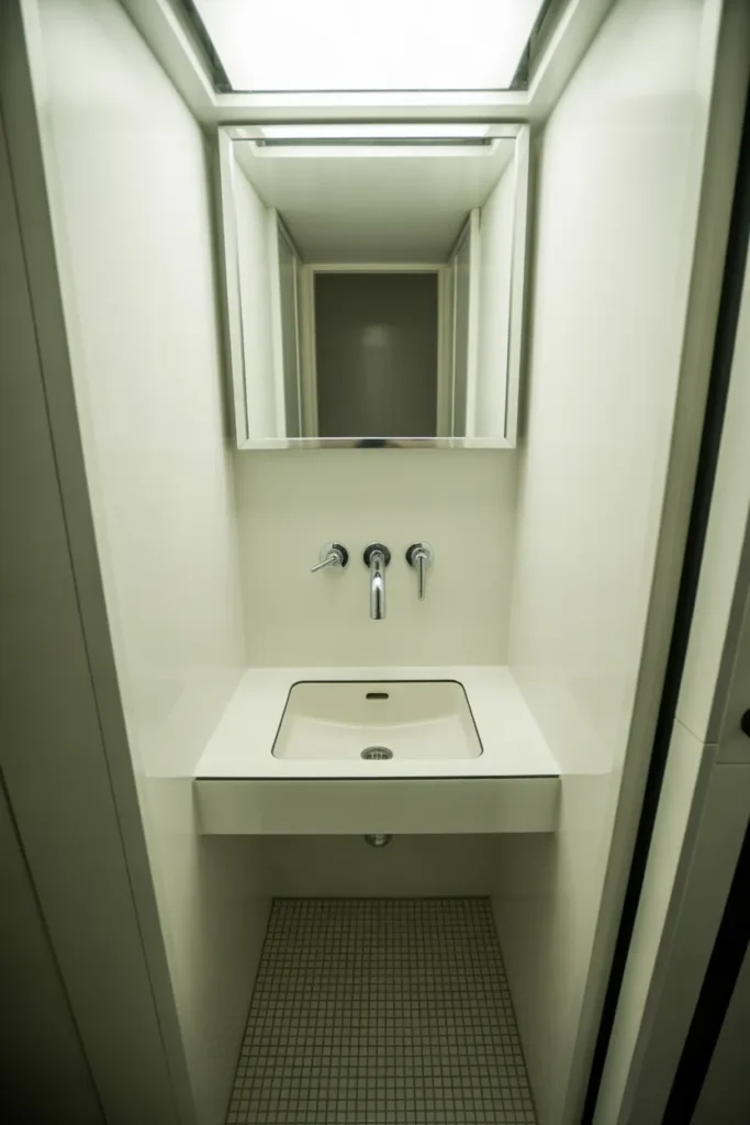 Narrow Depth Vanity for a Tight Hallway Bathroom
