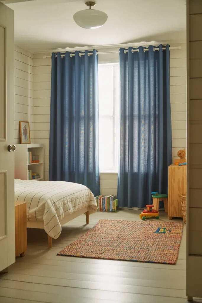Navy Blue Curtains in a Kid's Bedroom to Create a Sleep-Friendly Functional Space