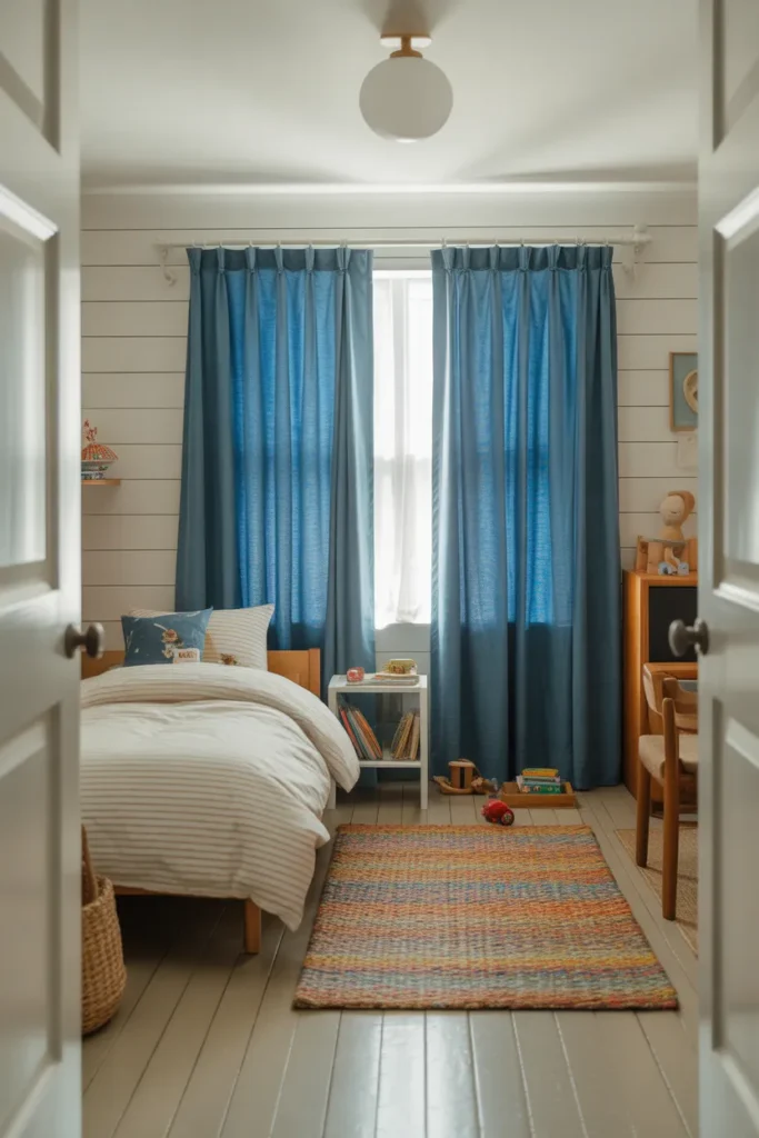 Navy Blue Curtains in a Kid's Bedroom to Create a Sleep-Friendly Functional Space