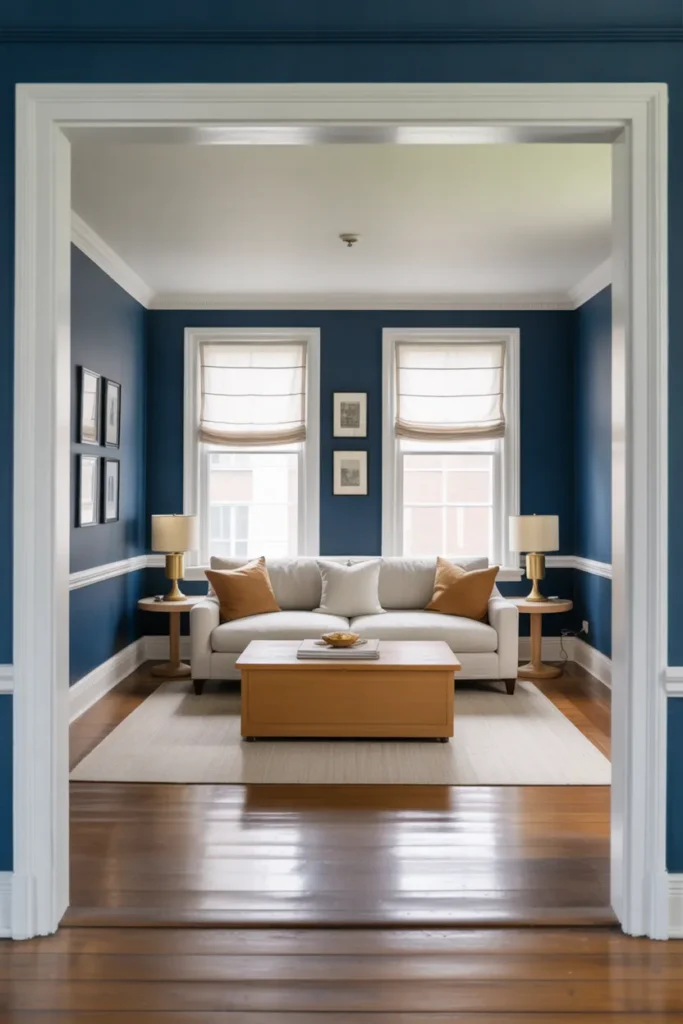 Navy Blue Living Room With White Trim and Natural Wood for a Timeless Contrast