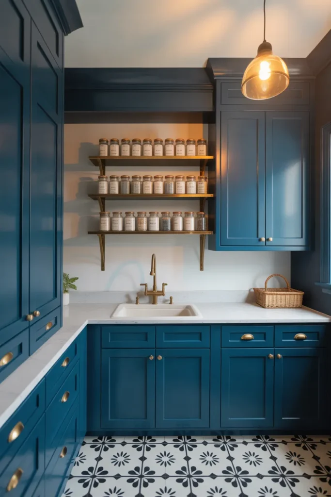 Navy Blue Shaker Laundry Room With Open Brass Shelving for a High-Design Utility Space