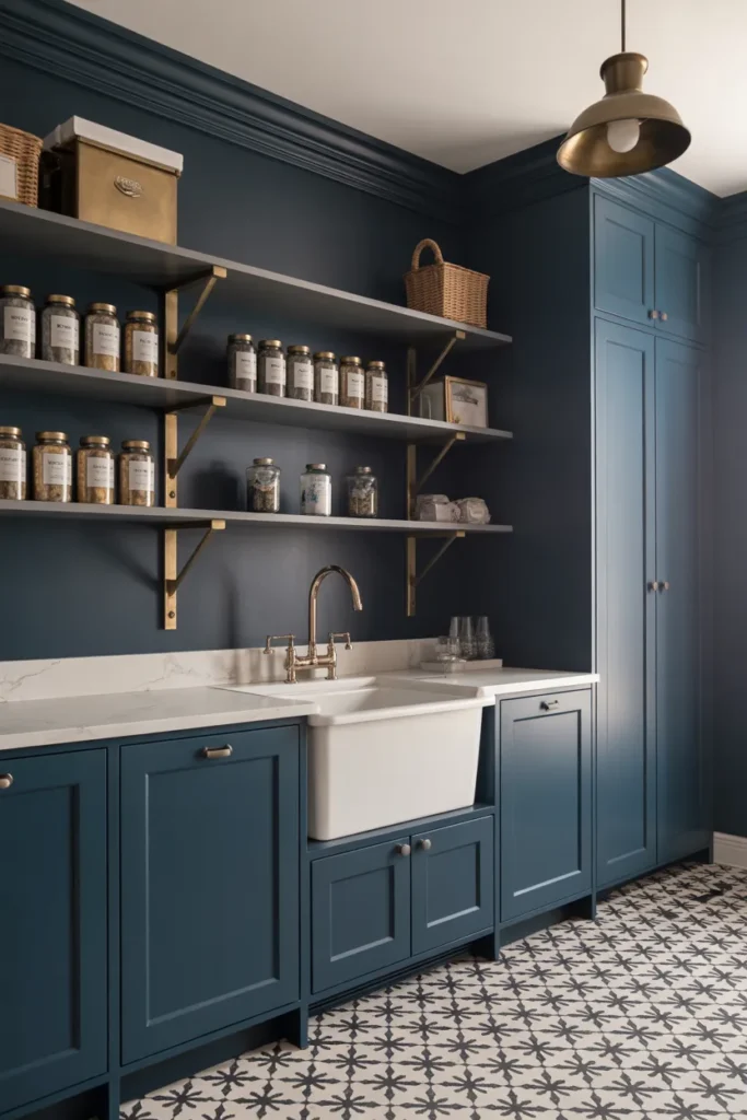 Navy Blue Shaker Laundry Room With Open Brass Shelving for a High-Design Utility Space