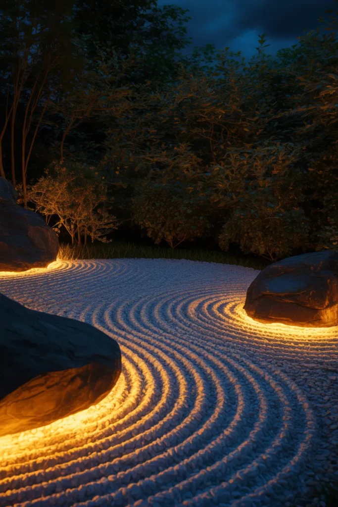 Night-Lit Zen Garden With Low LED Path Lights