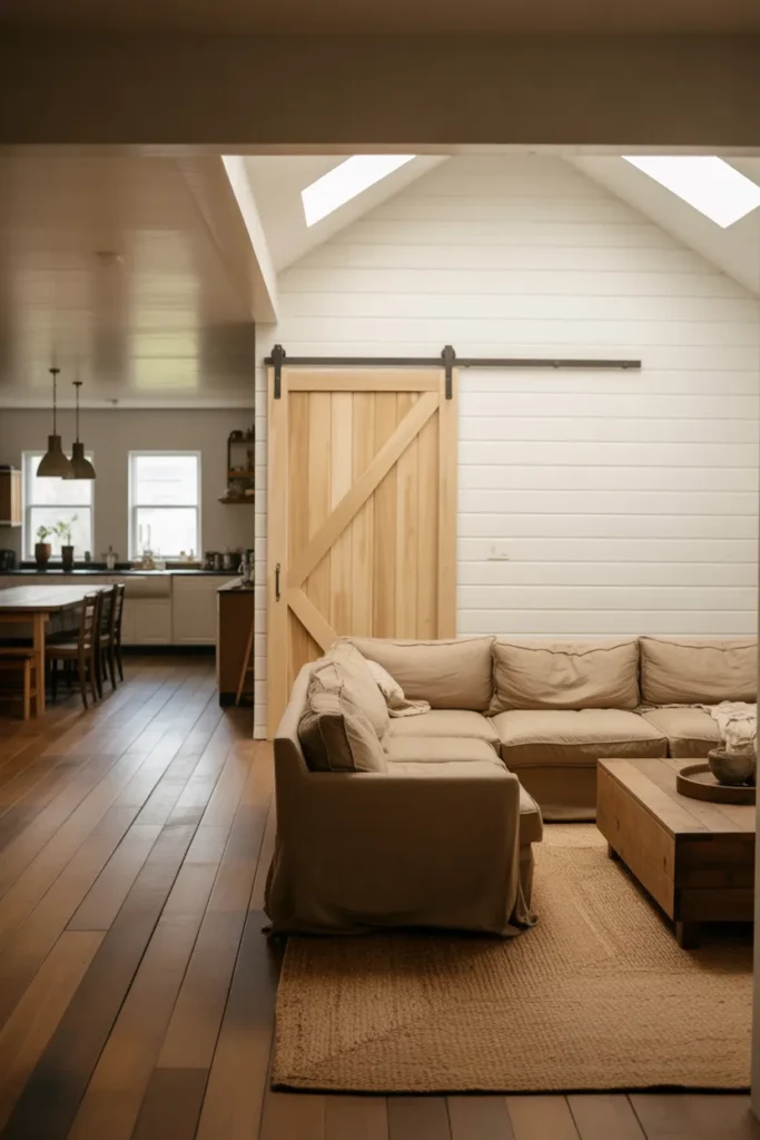 Open-Plan Farmhouse Living Room With Sliding Barn Door and Defined Seating Zone
